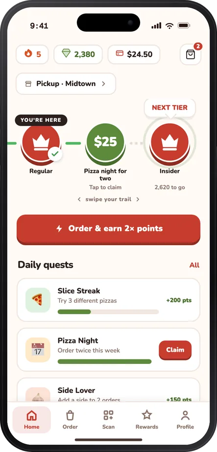 The playful direction — tier trail, daily quests, and streaks