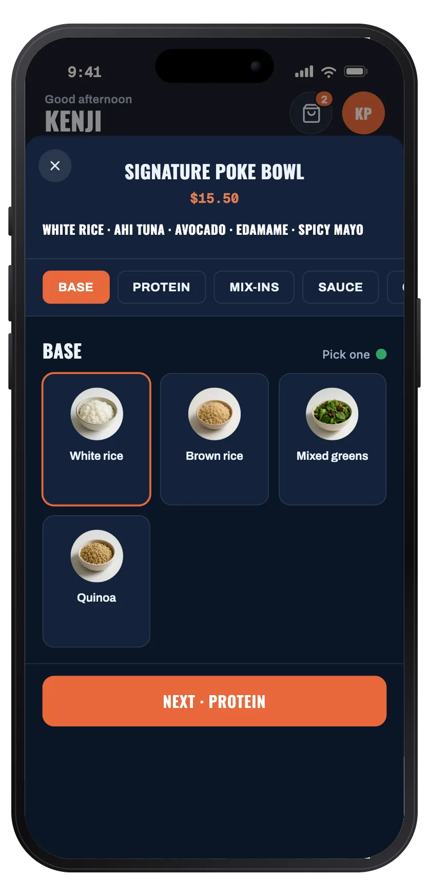 Bowl&Co item builder — Signature Poke Bowl with modifiers