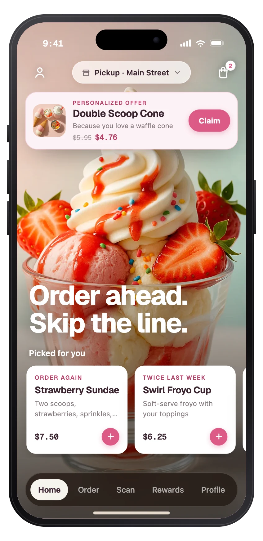 The Main Street Creamery app home leading with a personalized offer banner — Double Scoop Cone, 20% off